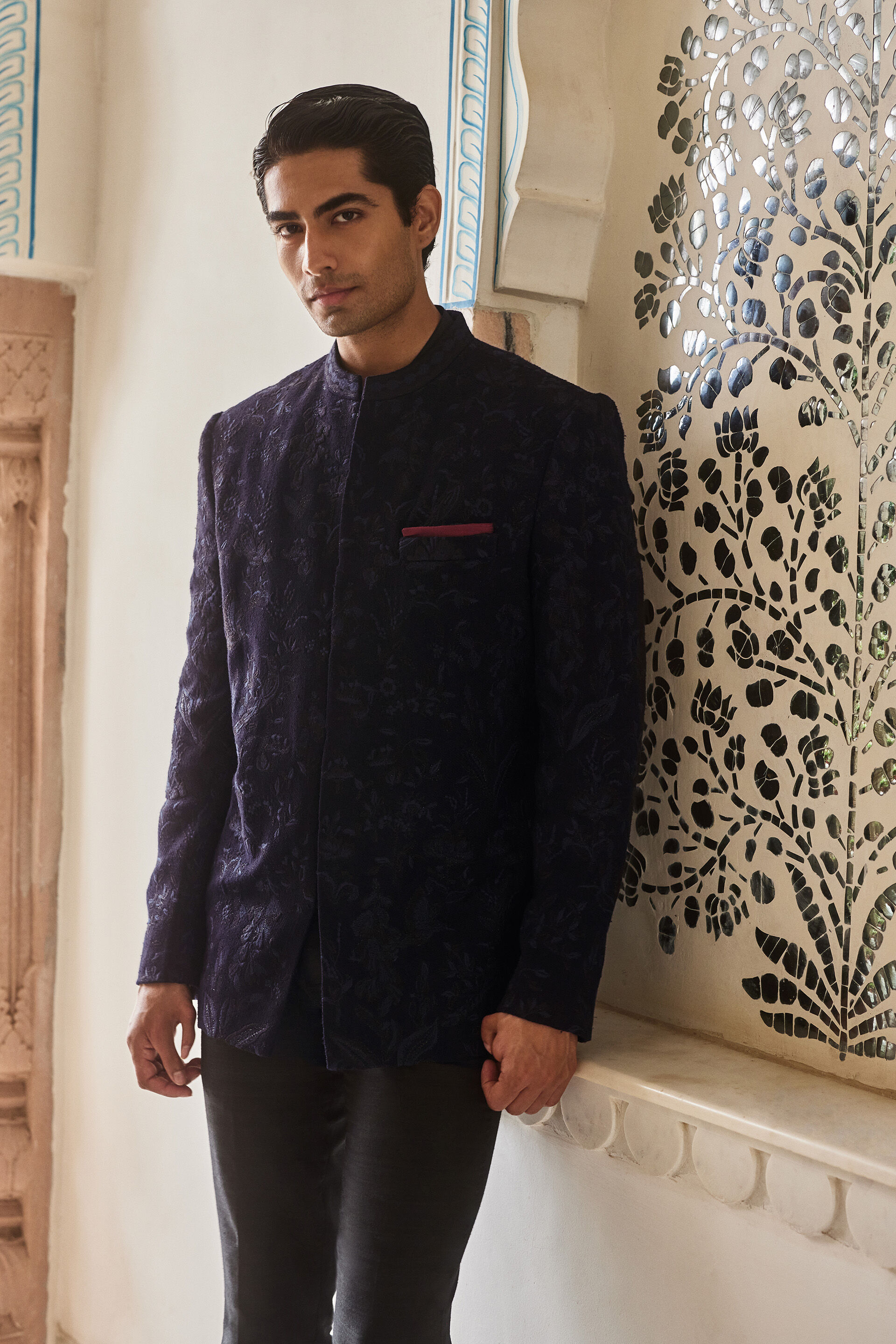 Nishay Embroidered Silk Bandhgala - Navy, Navy, image 3